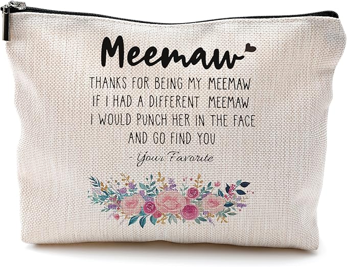 QGFM Funny Meemaw Gifts Makeup Cosmetic Bag - Memaw Mothers Day Gift, Memaw Grandma Gifts from Grandkids, Memaw Birthday Gifts, Best Grandma Gifts, Meemaw Floral Small Makeup Bag for Purse