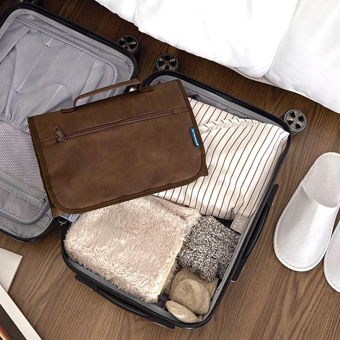 PAVILIA Hanging Toiletry Bag for Women Men, Large Foldable Toiletries Organizer with Hook, Water-Resistant Makeup Cosmetic Rollup Case, Clear Pockets for Bathroom, Gym, Cruise (Brown)