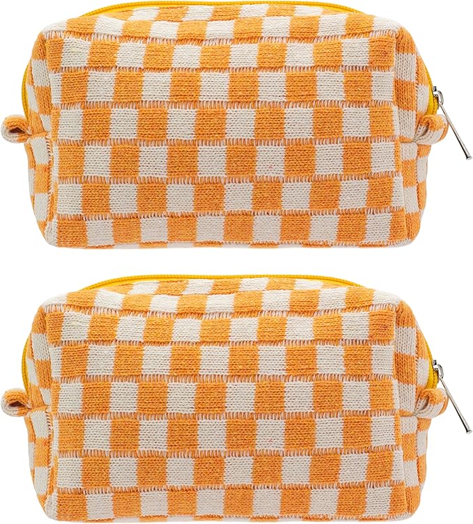 Checkered Makeup Bag for Purse, Small Travel Cosmetic Pouch,Orange,2 Pack