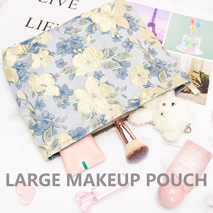 Flat Makeup Bag for Women,Zipper Cosmetic Pouch for Purse,Brocade Blue