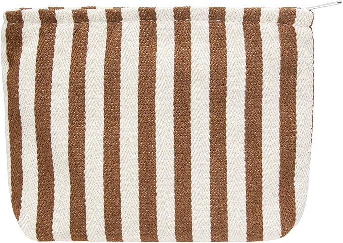 Flat Makeup Bag for Women,Zipper Cosmetic Pouch for Purse,Stripe Coffee