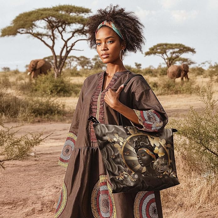 Afroyla African Black Women's Leather Tote Bag, Large Size, Premium Leather, Perfect Presents For Women (Barakaya, Premium Vegan Leather)