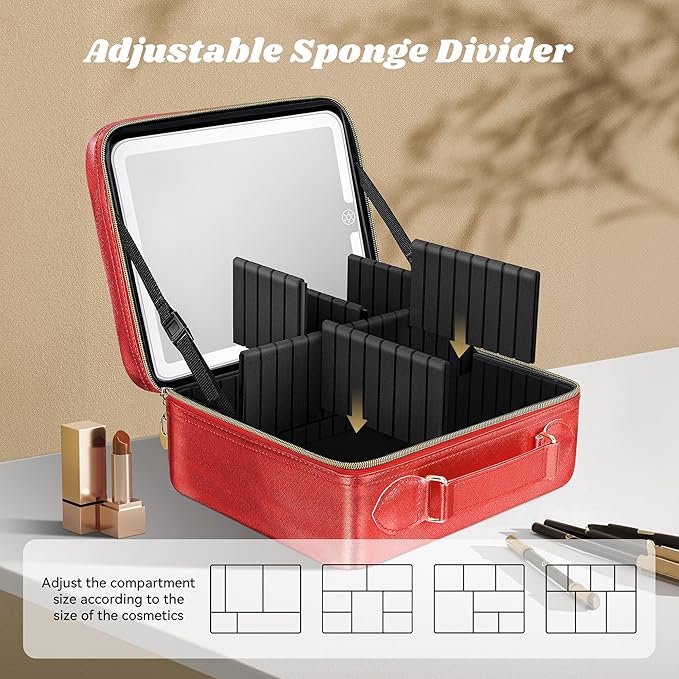 JUSRON Portable Makeup Artist Organizer Bag with Adjustable Dividers, Makeup Brush Holder Storage (Red, Medium)