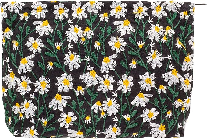 Flat Makeup Bag for Women,Zipper Cosmetic Pouch for Purse,Daisy Black