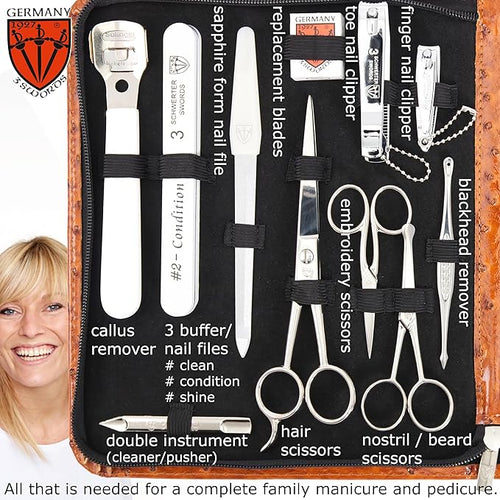 3 Swords Germany - Brand Quality 23 Piece Manicure Pedicure Grooming kit Set for Professional Finger & Toe Nail Care Tweezers File Clipper Fashion Leather case in Gift Box, Made by 3 Swords (7452)