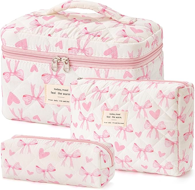 HBselect Quilted Makeup Bag, 3Pcs Cotton Large Travel Makeup Bags Organizer