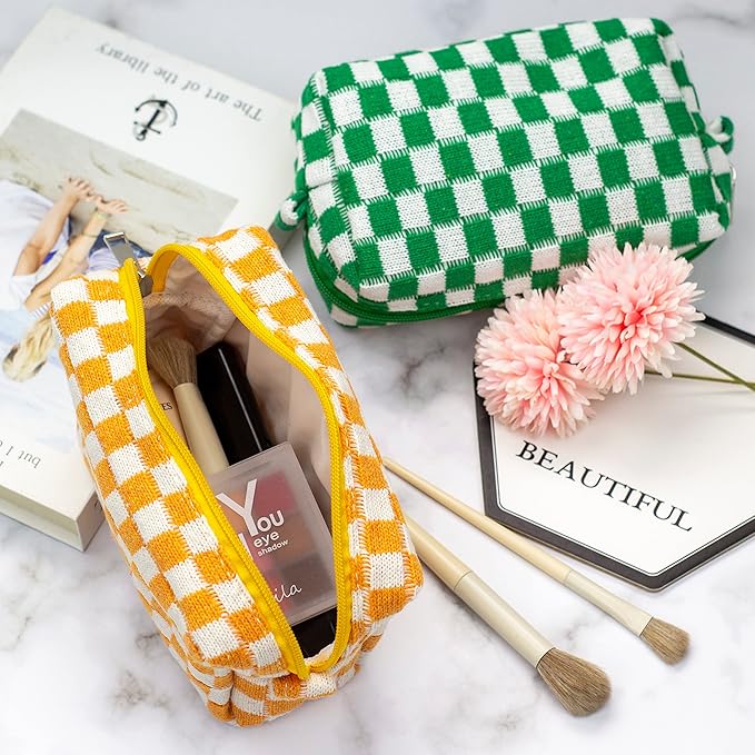 Checkered Makeup Bag for Purse, Small Travel Cosmetic Pouch,Orange,2 Pack