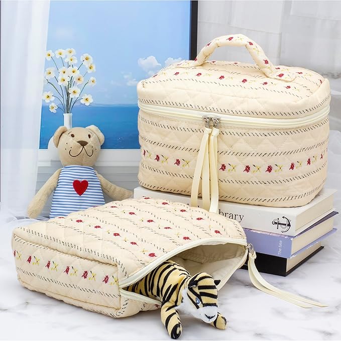 Quilted Makeup Pouch for Women, Travel Cosmetic&Toiletry Bag,Flower Beige