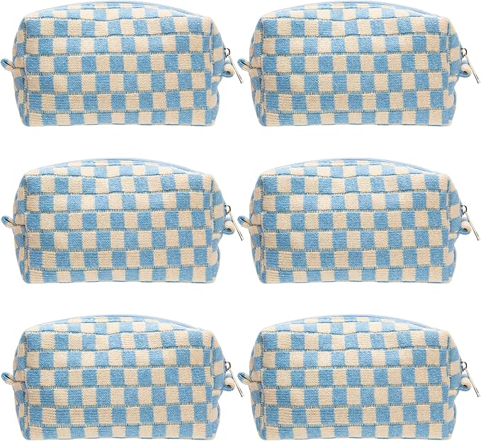Checkered Makeup Bag for Purse, Small Cosmetic Pouch,Blue Beige,6 Pack