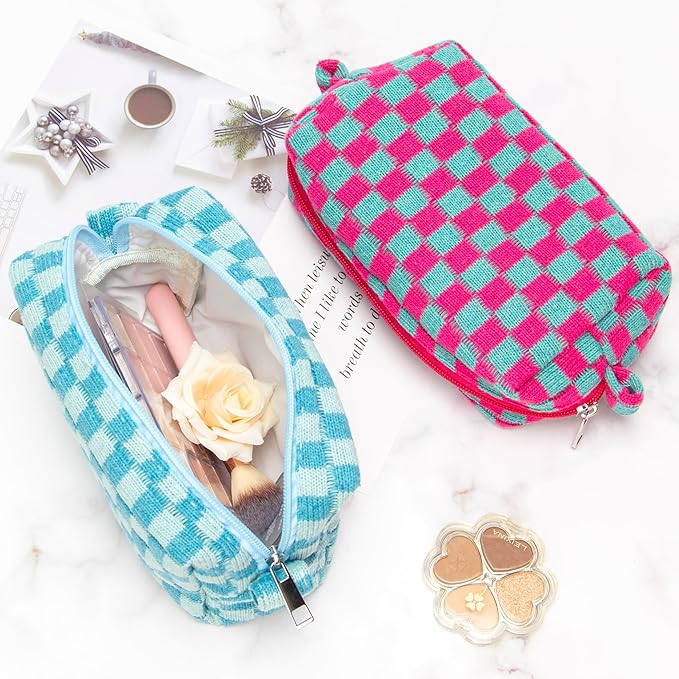 Checkered Makeup Bag for Purse, Small Cosmetic Pouch,Lake Blue,6 Pack