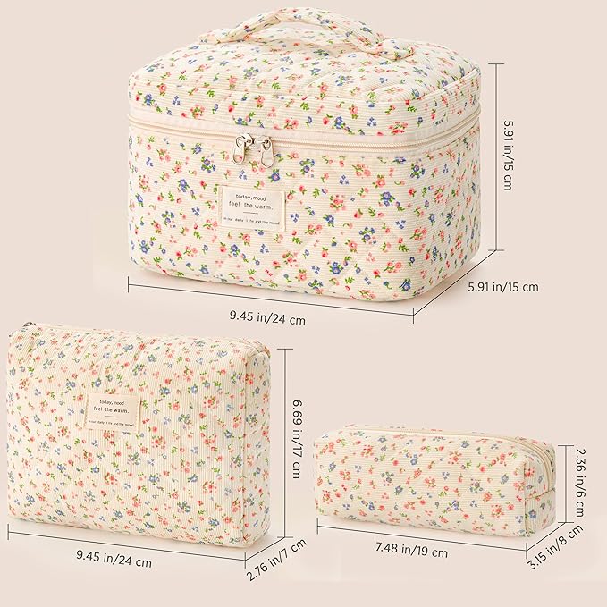HBselect Quilted Makeup Bag, 3Pcs Cotton Large Travel Makeup Bags Organizer