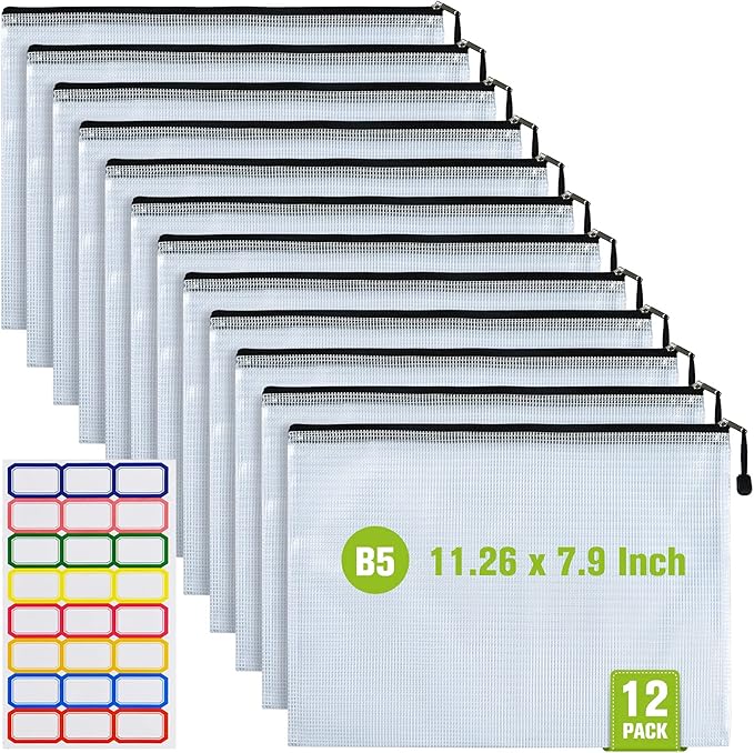 12PCS Mesh Zipper Pouch Bags: B5 Clear Zipper Pouches for Classroom, Black