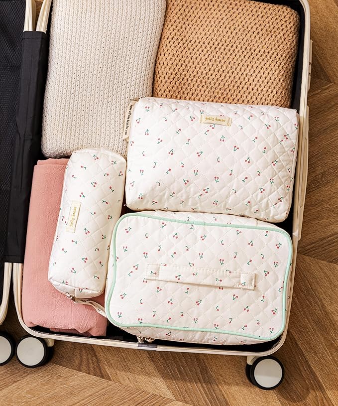 HBselect Quilted Makeup Bag, 3Pcs Cotton Large Travel Makeup Bags Organizer