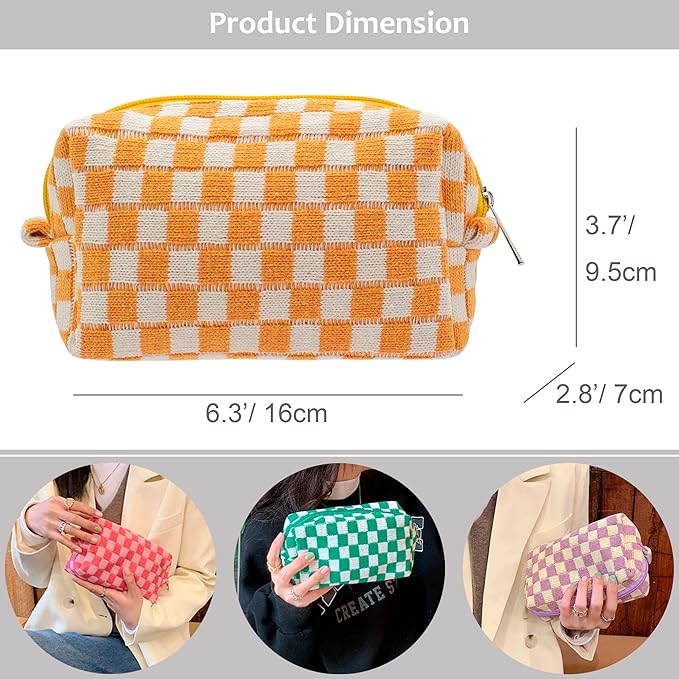 Checkered Makeup Bag for Purse, Small Travel Cosmetic Pouch,Orange,2 Pack