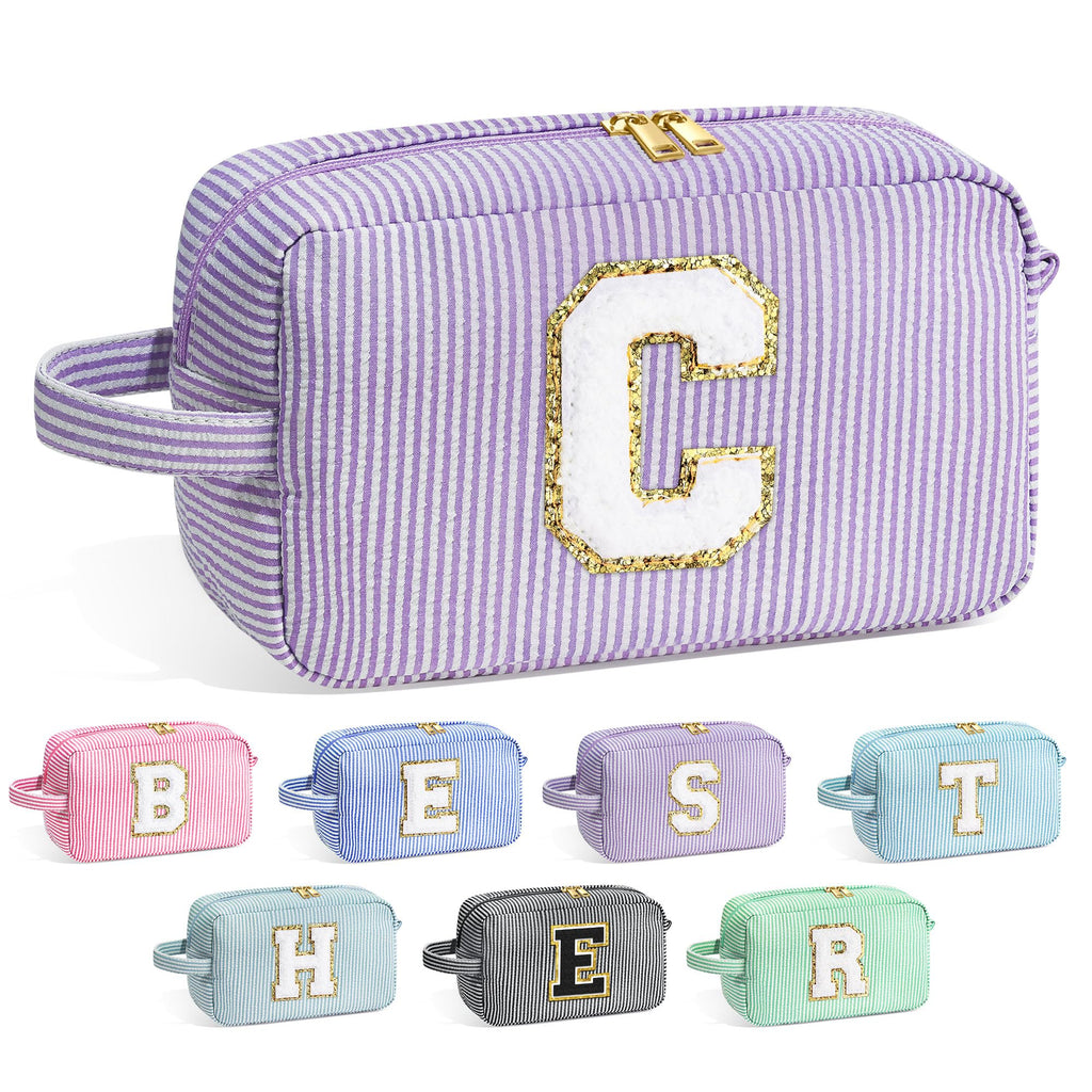 YOOLIFE Birthday Gifts for 6 7 8 9 10 11 12 13 14 15 Year Old Teen Girl - Initial Makeup Bag Letter Toiletry Pouch Cosmetic Case, Personalized Teen Girl Gifts Trendy Stuff, Purple C