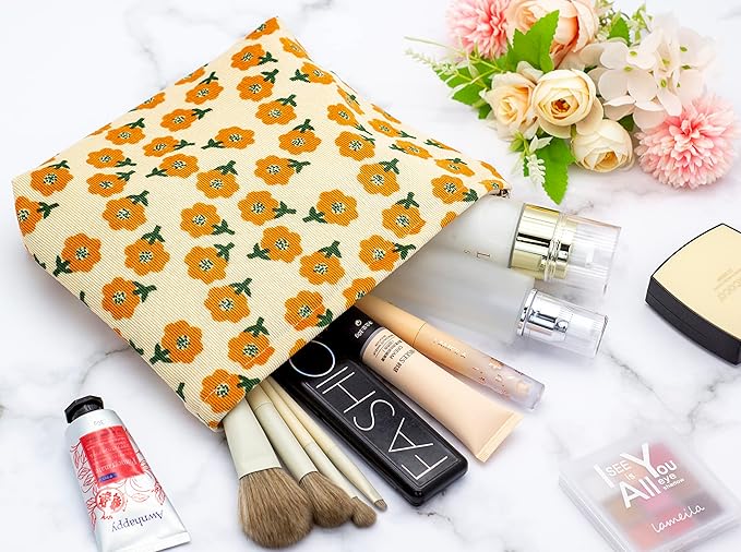 Flat Makeup Bag for Women,Zipper Cosmetic Pouch for Purse,Flower Yellow
