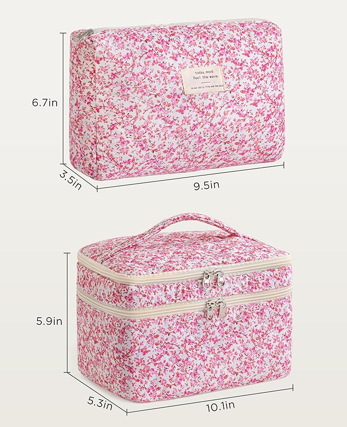 HBselect 2Pcs Travel Makeup Bag Large Quilted Cosmetic Bag Make up Bag