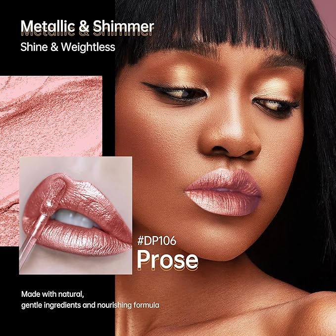 Nude Pink Lipsticks for Women Metallic Glitter Lipstick Long Lasting