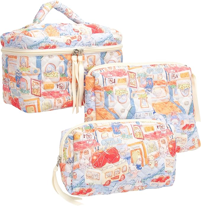 3 Piece Quilted Makeup Bag Set for Women,Cosmetic&Toiletry Bag,Little Bunny