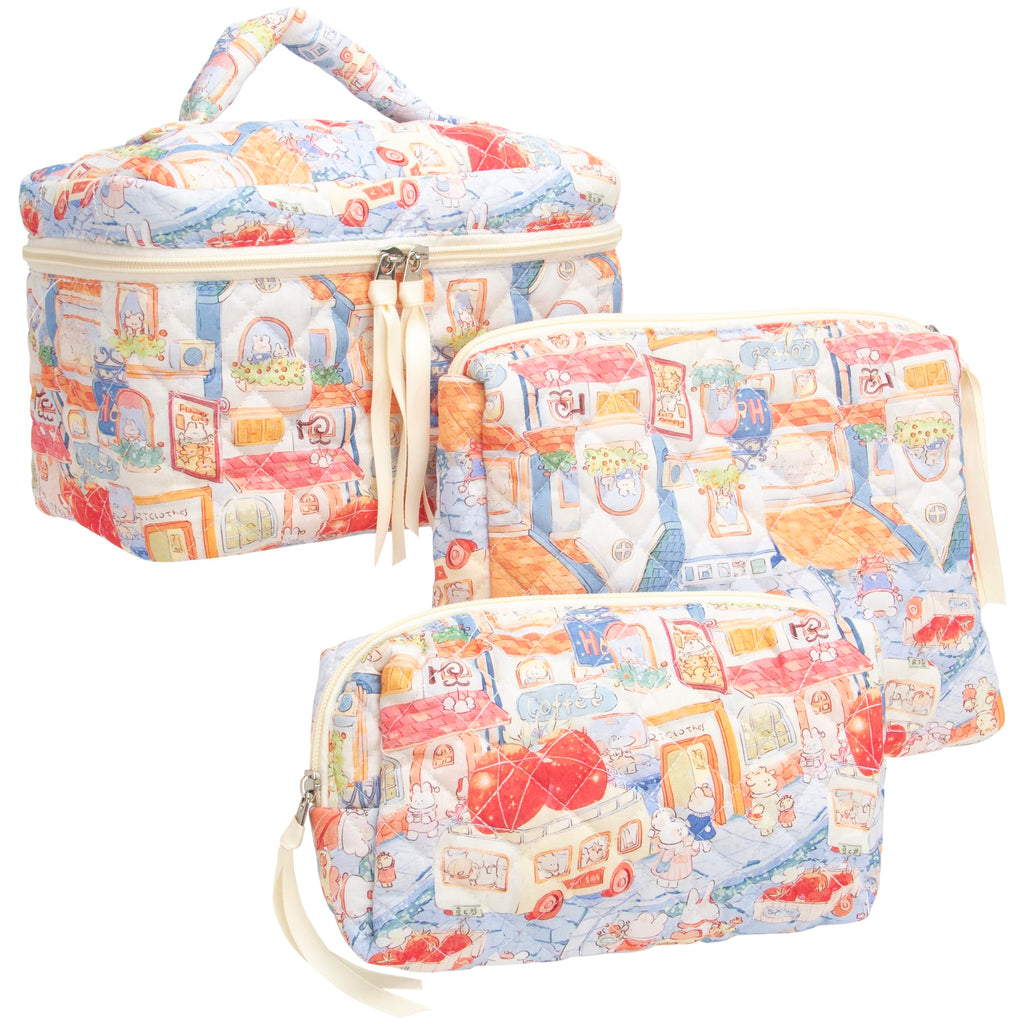 3 Piece Quilted Makeup Bag Set for Women,Cosmetic&Toiletry Bag,Floral Pink