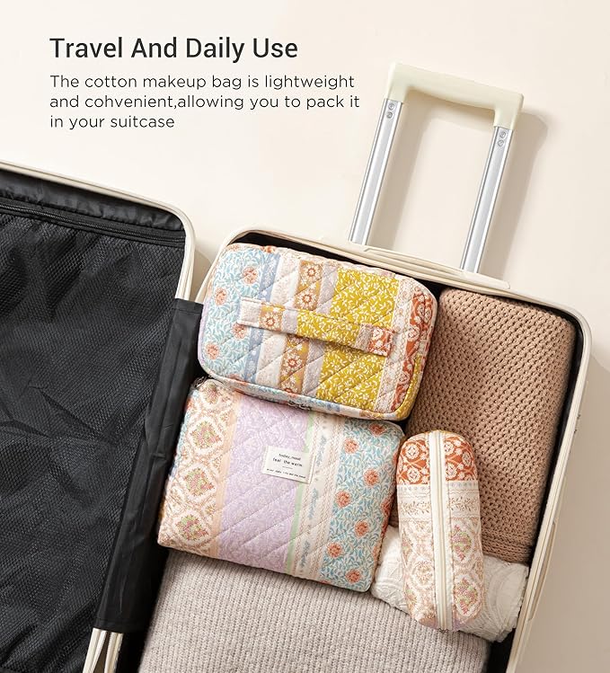 HBselect Quilted Makeup Bag, 3Pcs Cotton Large Travel Makeup Bags Organizer