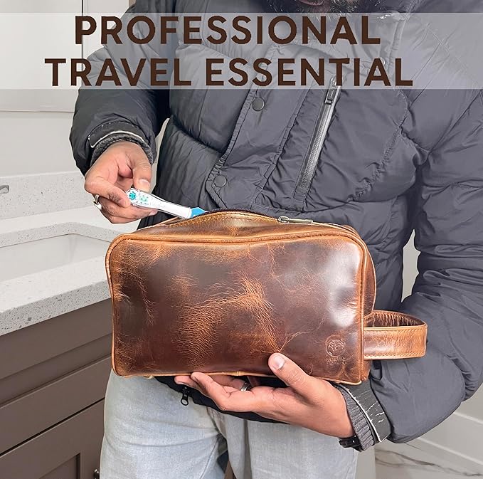 Leather Travel Toiletry Bag for Men, Full Grain Cosmetic Dopp Kit Organizer