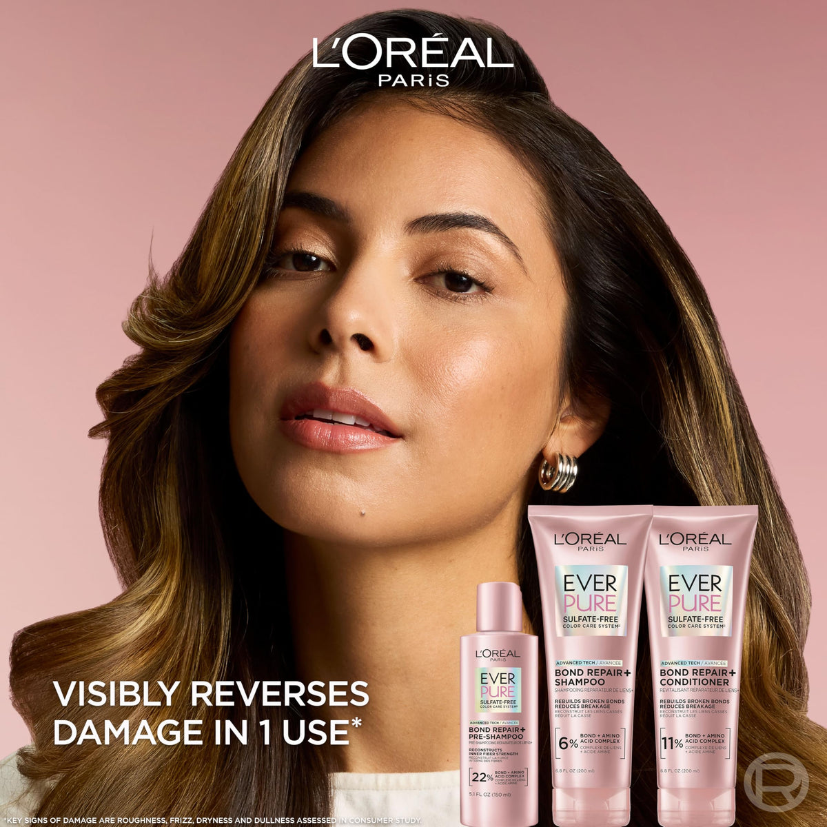 L'Oreal Paris Sulfate Free Bond Repair+ Shampoo and Conditioner Set with Bond + Amino Acid Complex, Strengthens and Repairs Damaged or Color Treated Hair, EverPure, 13.6 Fl Oz Set (Packaging May Vary)