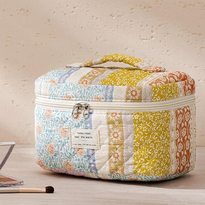 HBselect Quilted Makeup Bag, 3Pcs Cotton Large Travel Makeup Bags Organizer