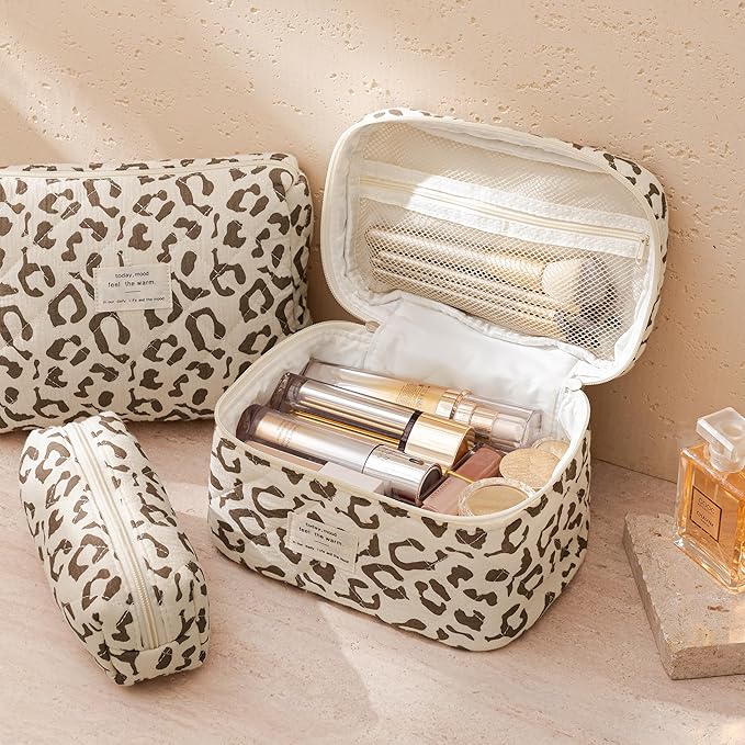 HBselect Quilted Makeup Bag, 3Pcs Cotton Large Travel Makeup Bags Organizer