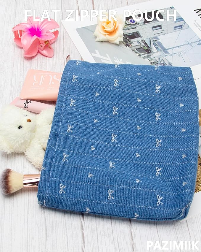 Flat Makeup Bag for Women,Zipper Cosmetic Pouch for Purse,Jean Blue