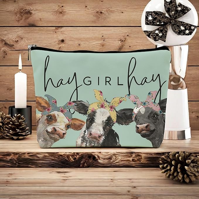 NEGIGA Cow Print Stuff,Cow Makeup Bag,Cow Gifts,Western Makeup Bag,Makeup Bags For Women,Cow Print(Green Pu Leather Cosmetic Bag)