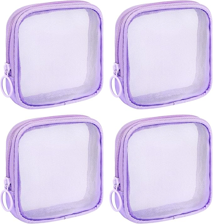 Sinzip 4 Pieces Mini Zipper Nylon Mesh Pouch, Mesh Cosmetic Bags Makeup Bags, Multipurpose Travel Toiletry Bags for Office Supplies and Travel Accessories (Purple, S)