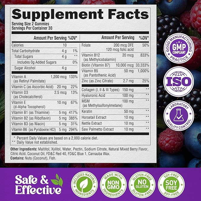 Biotin Gummies for Hair Growth Support - for Women & Men - Berry, Pack of 2