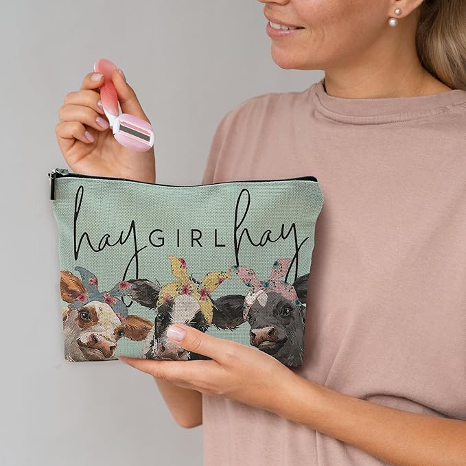 NEGIGA Small Travel Makeup Bag, Mini Cute Cow Print Makeup Bag for Purse, Small Toiletry Bags for Women, Western Gifts for Women, Cow Gifts for Cow Lovers/Cowgirls - Green