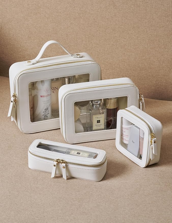 Popvibe Slim Makeup Brush Bag Travel Clear Toiletry Bag for Women Cute White Make Up Bag for Traveling Cosmetic Bag Organizer Waterproof Tansparent Beauty Makeup Case