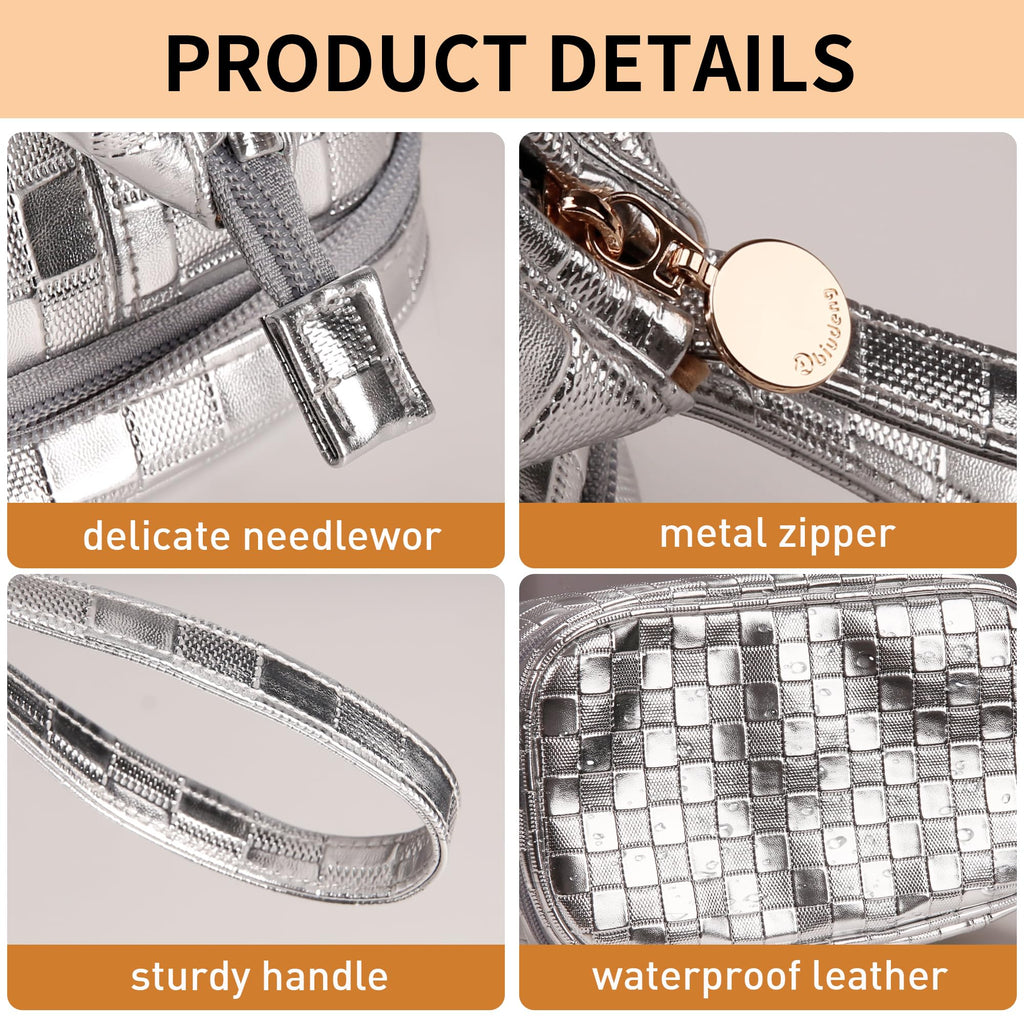 Abiudeng Large Makeup Bag for Women,Travel Makeup Organizer with Brush Holder, Dopp Kit,Waterproof Checkered Cosmetic Bag for Traveling,Multi-Compartment,Essentials,Cute,Spacious Capacity-silvery