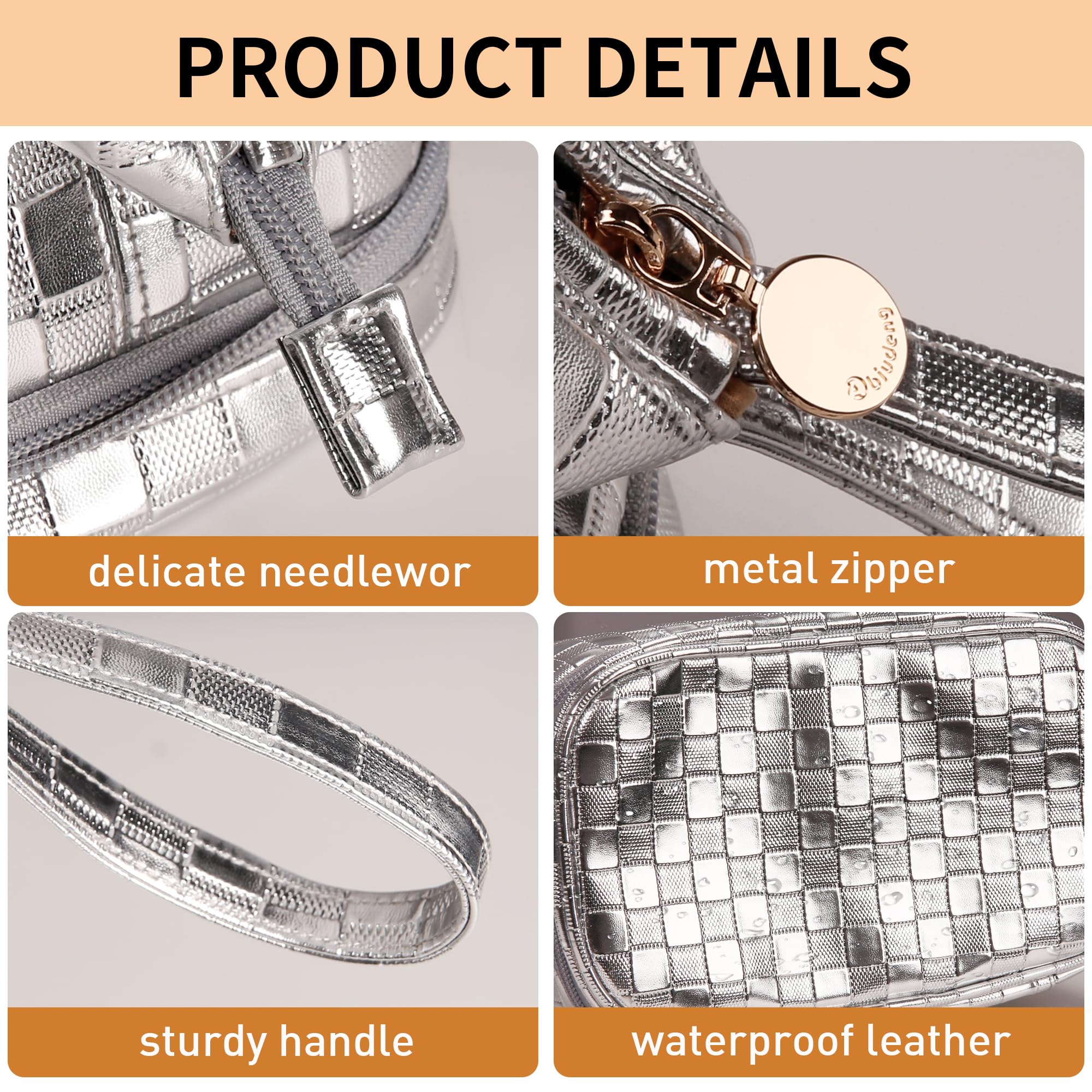 Abiudeng Large Makeup Bag for Women,Travel Makeup Organizer with Brush Holder, Dopp Kit,Waterproof Checkered Cosmetic Bag for Traveling,Multi-Compartment,Essentials,Cute,Spacious Capacity-silvery
