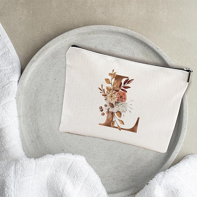 YKYENR A-Z Boho Personalized Cosmetic Bag-Floral Cotton Letter Makeup Bag With Zipper-Artistic Cosmetic Bag For Travel-Bride,Birthday Gift For Women Daughter Friends-Women Makeup Organizer-A12