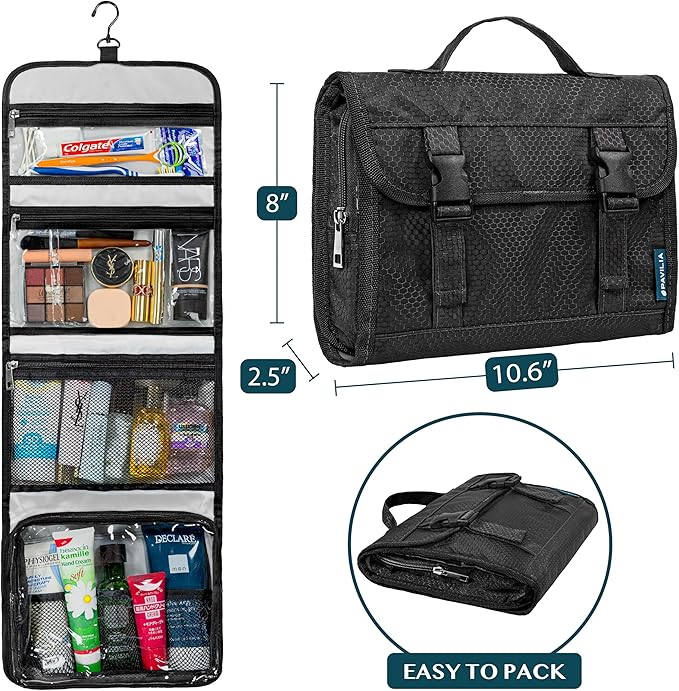 PAVILIA Travel Hanging Toiletry Bag for Women Men, Extra Large Capacity Makeup Bag Kit, Waterproof Cosmetic Storage Organizer Case for Bathroom Shower, Black