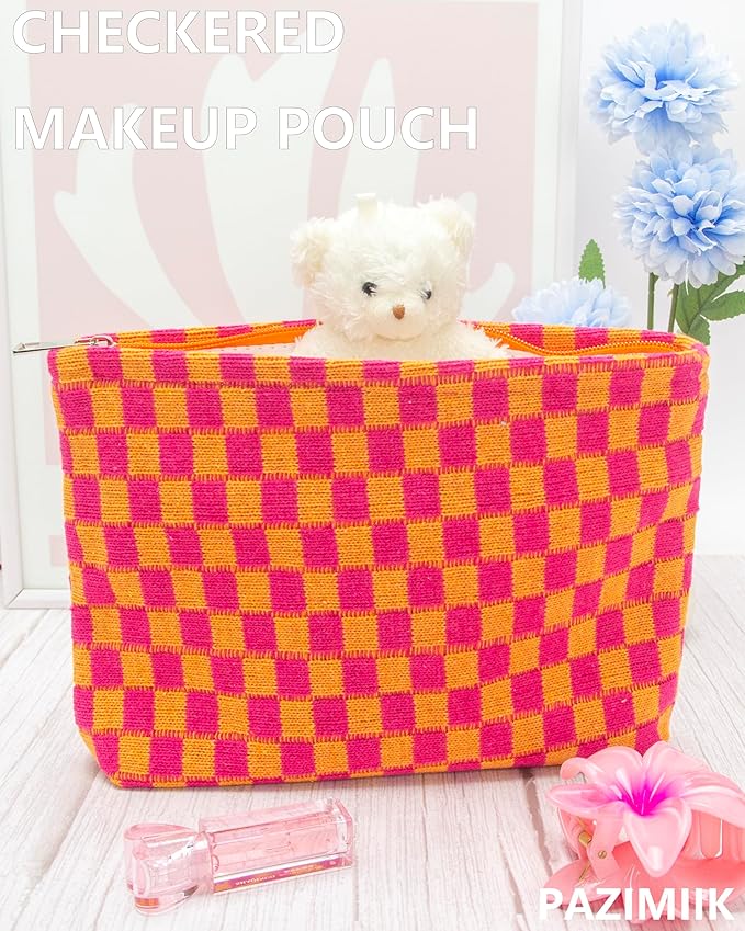 Checkered Makeup Bag for Purse, Small Flat Cosmetic Pouch,Red Orange