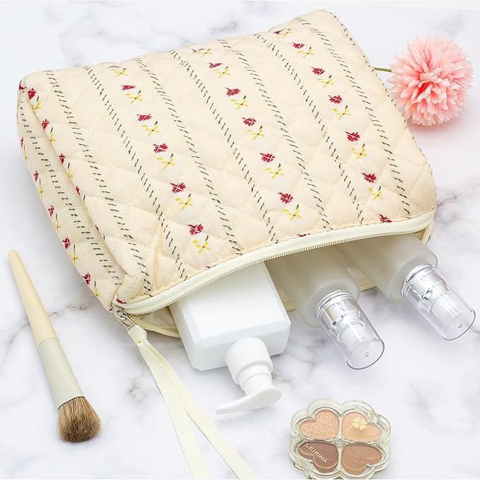 Quilted Makeup Pouch for Women, Travel Cosmetic&Toiletry Bag,Flower Beige