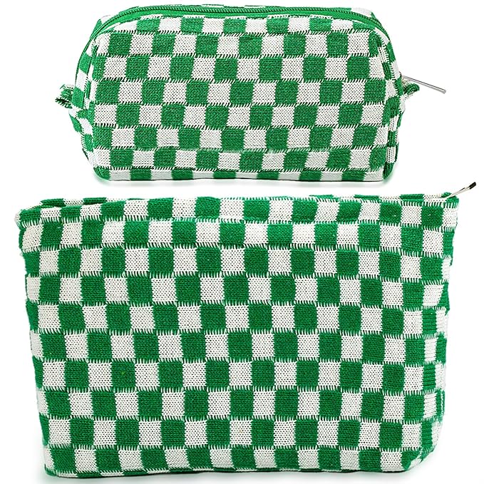 ZLFSRQ 2Pcs Checkered Makeup Bag for Women Large Small Travel Toiletry Bag Organizer Aesthetic Zipper Cosmetic Bags Cute Makeup Pouch for Purse Pencil Case Pencil Pouch Skincare Storage Bags (Green)