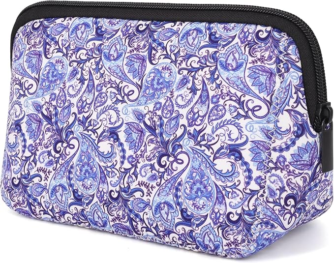 AJLTPA Waterproof Neoprene Cosmetic Bag, Blue Floral Paisley