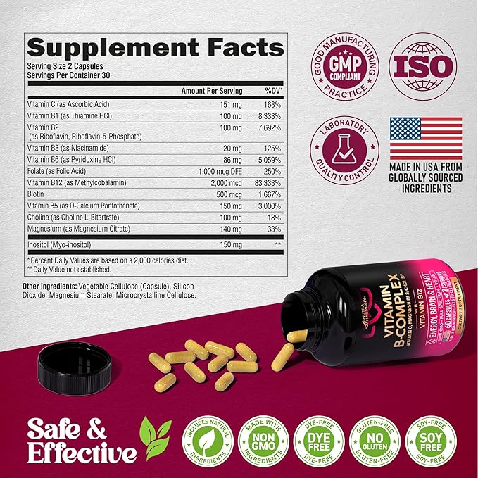 Vitamin B Complex for Men & Women - Full B-Complex & Vitamin B12 - 60 Caps