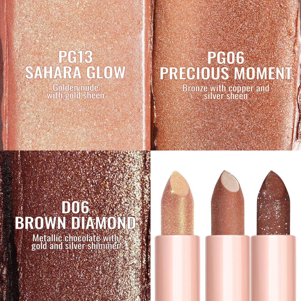Oulac Moisture Nude Brown Lipstick Set 3PCS - Infinity High Shine Finish, Hydrating Vegan Lipstick Infused with Damask Rose Oil for All-Day Comfort, Gluten-Free, PG13+PG06+D06