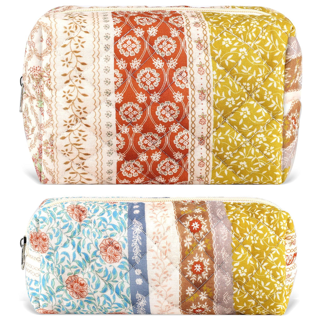URSKYTOUS 2Pcs Floral Makeup Bag for Women Cotton Quilted Coquette Cosmetic Bag Cute Zipper Mixed Flower Makeup Pouch Aesthetic Portable Pencil Pouch Travel Toiletry Bag Trendy Cloth Skincare Bag
