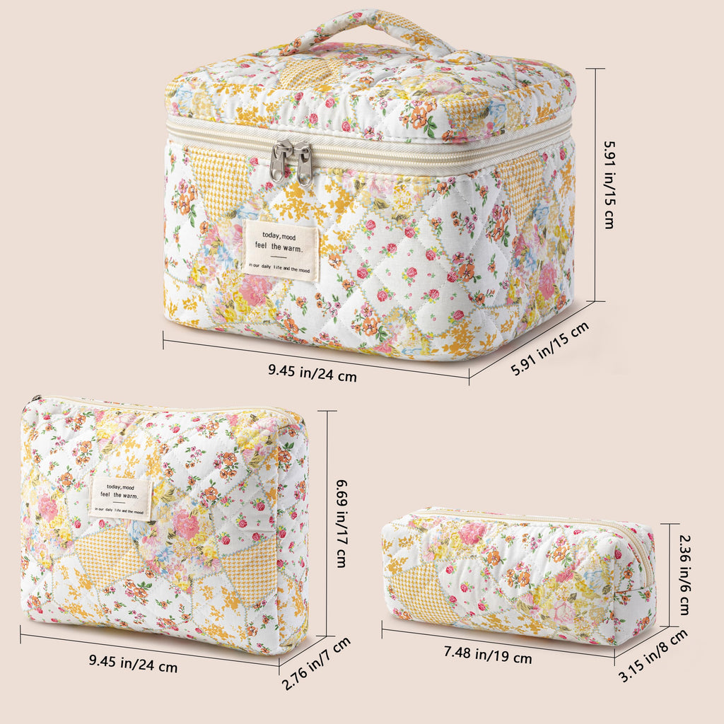 HBselect Quilted Makeup Bag, 3Pcs Cotton Large Travel Makeup Bags Organizer