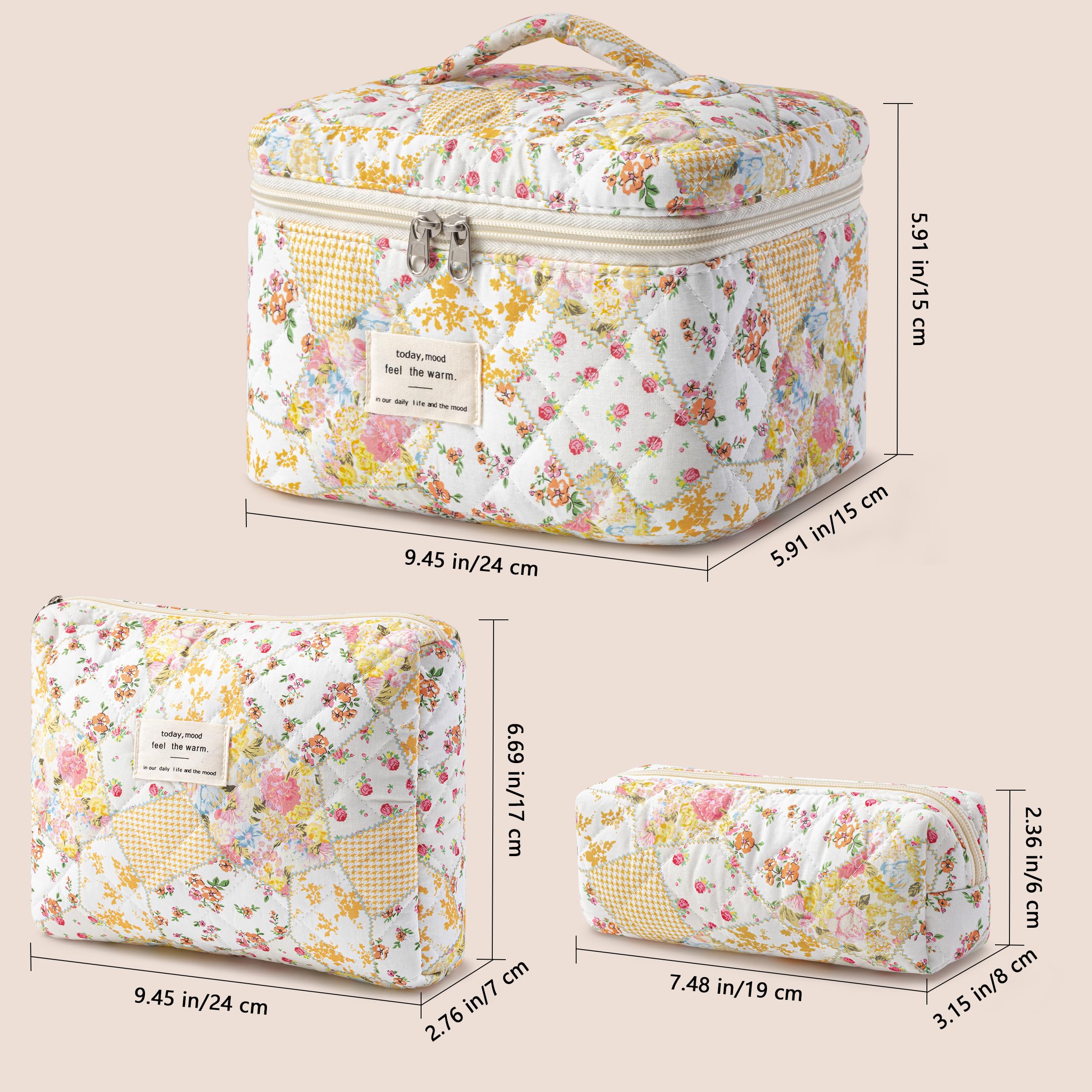 HBselect Quilted Makeup Bag, 3Pcs Cotton Large Travel Makeup Bags Organizer
