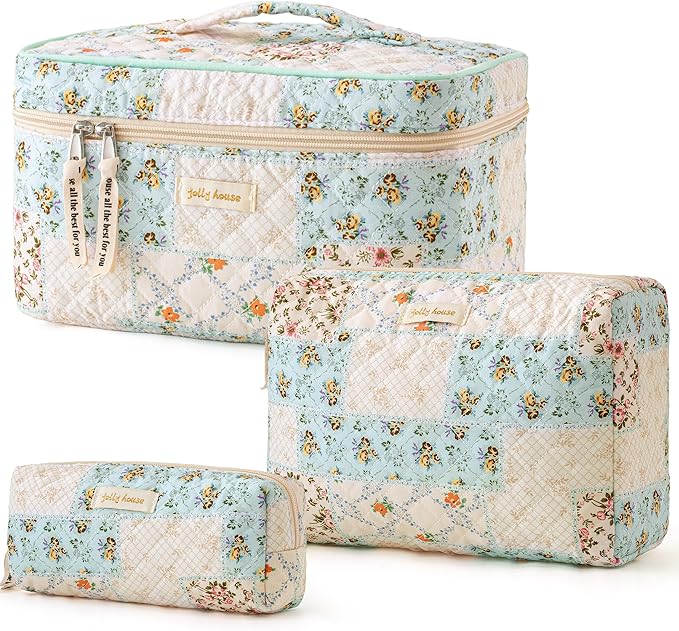 HBselect Quilted Makeup Bag, 3Pcs Cotton Large Travel Makeup Bags Organizer