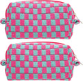 Checkered Makeup Bag for Purse, Small Cosmetic Pouch,Magenta Green,2 Pack